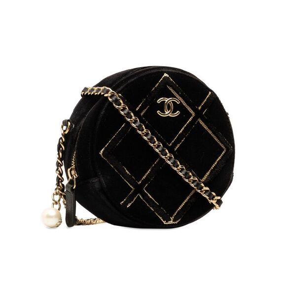Pre Loved Chanel Round Velvet Bag Quilted Style Women Black Crossbody Bags - Picture 2 of 8